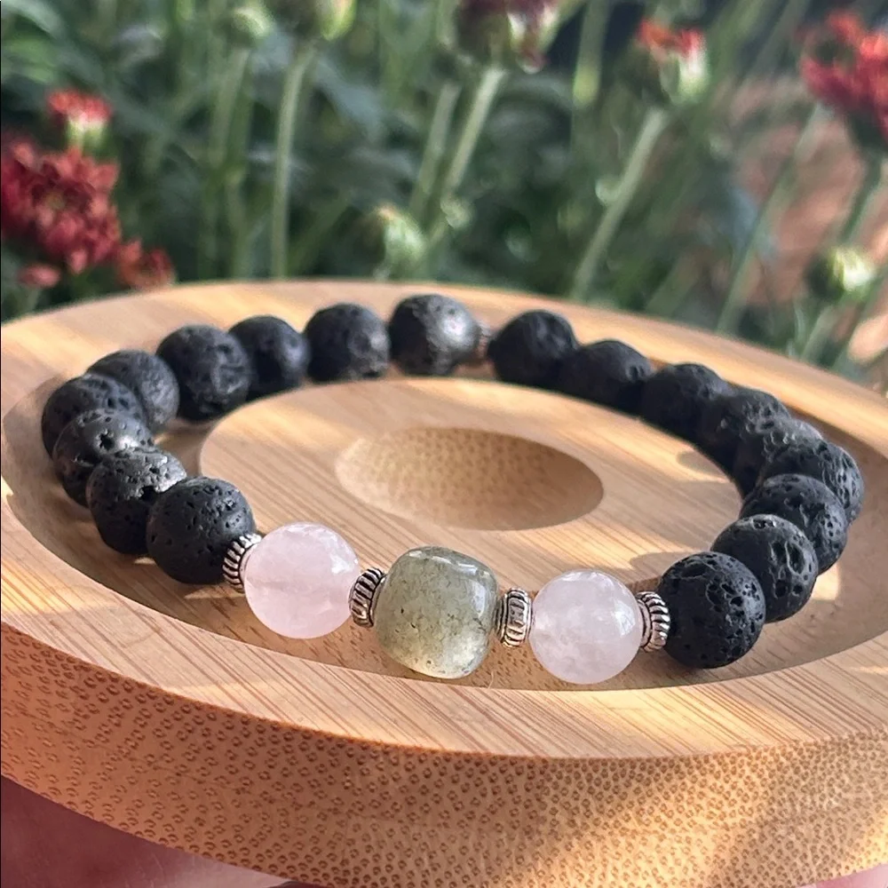 Handmade Labradorite + Rose Quartz Lava Bead Bracelet *